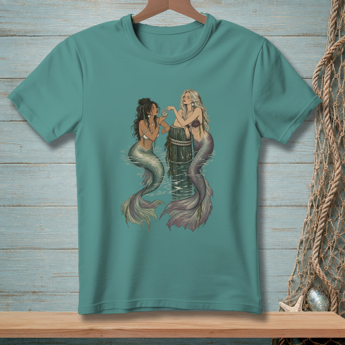 Two mermaids in water near a wooden post, one holding a pearl.