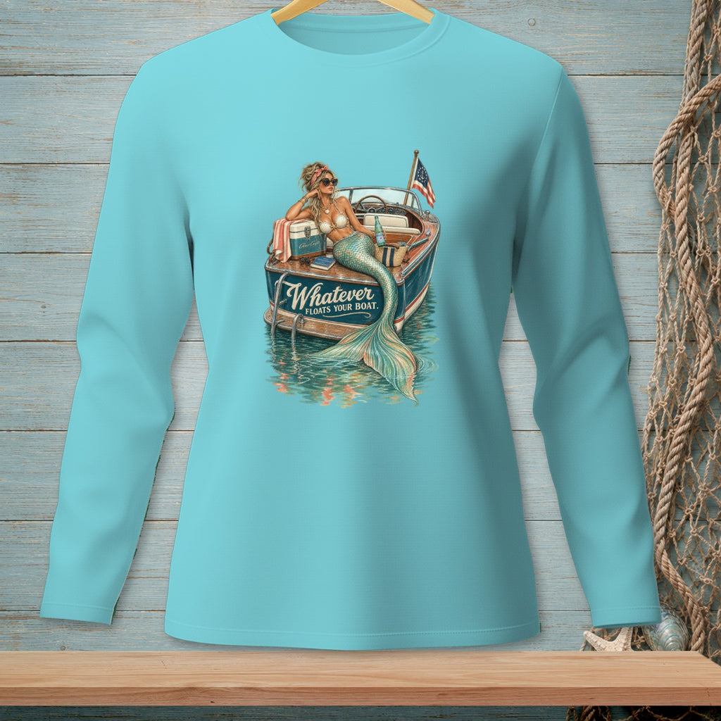 Mermaid on a boat with "Whatever Floats Your Boat" text.