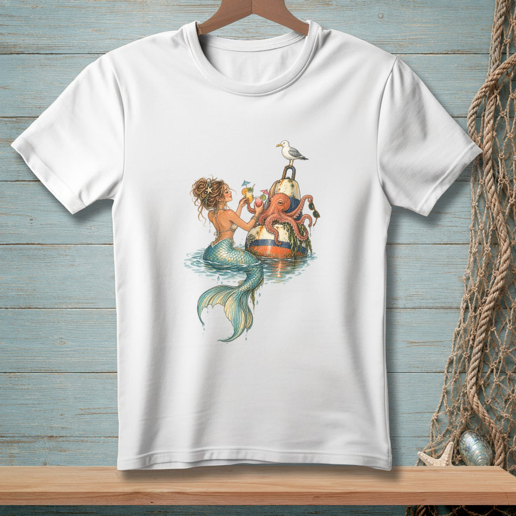 Mermaid and octopus with drinks on a buoy, with a seagull above.