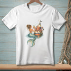 Mermaid and octopus with drinks on a buoy, with a seagull above.