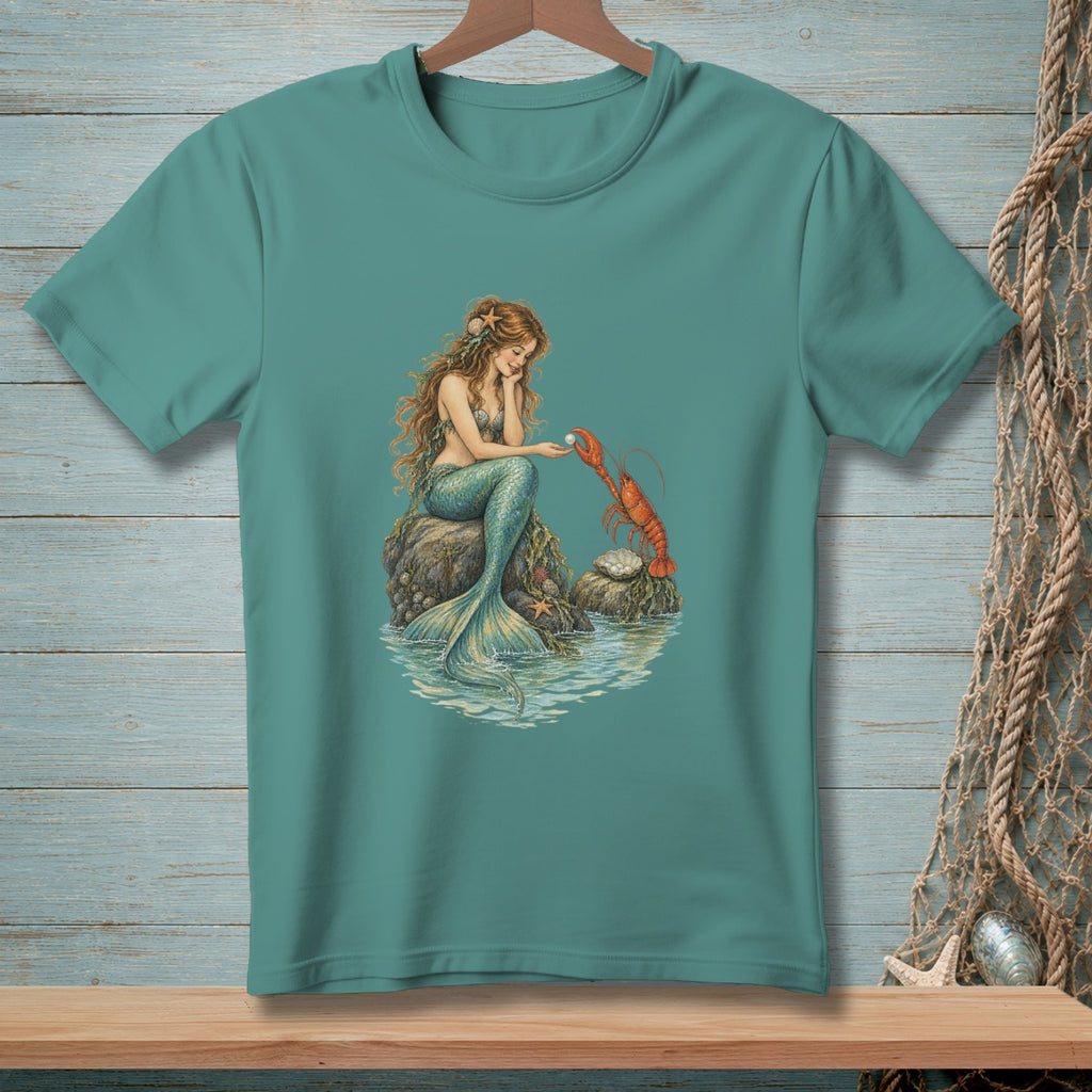 Mermaid sitting on rocks reaching for a lobster holding a pearl.