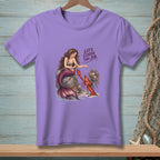 Lavender t-shirt with mermaid pointing at lobster holding flowers, "Let's Finish the Job" text.