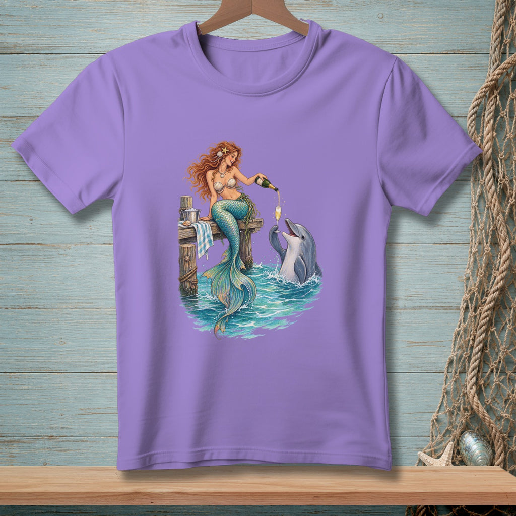 Mermaid pouring champagne for a dolphin on a dock.