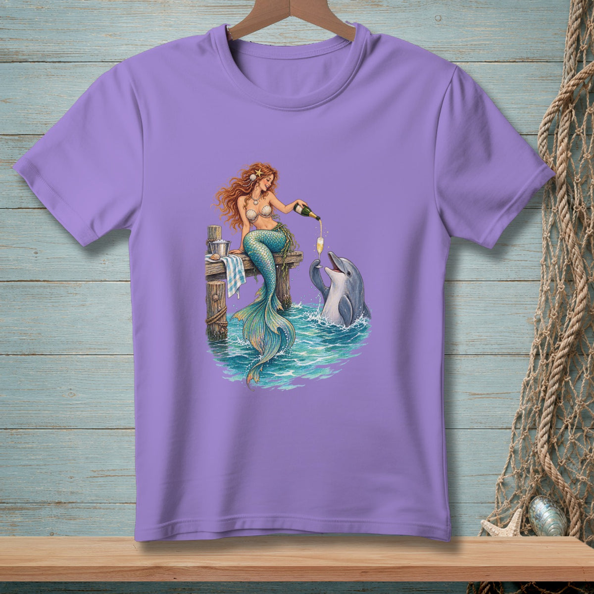 Mermaid pouring champagne for a dolphin on a dock.