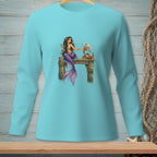 Mermaid with fan sitting on dock with crab.