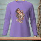 Lavender long-sleeve shirt with a mermaid graphic design.