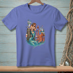 Mermaid, octopus, and seagull on a dock with signs for Marina, Tides & Tunes, Fresh Catch.