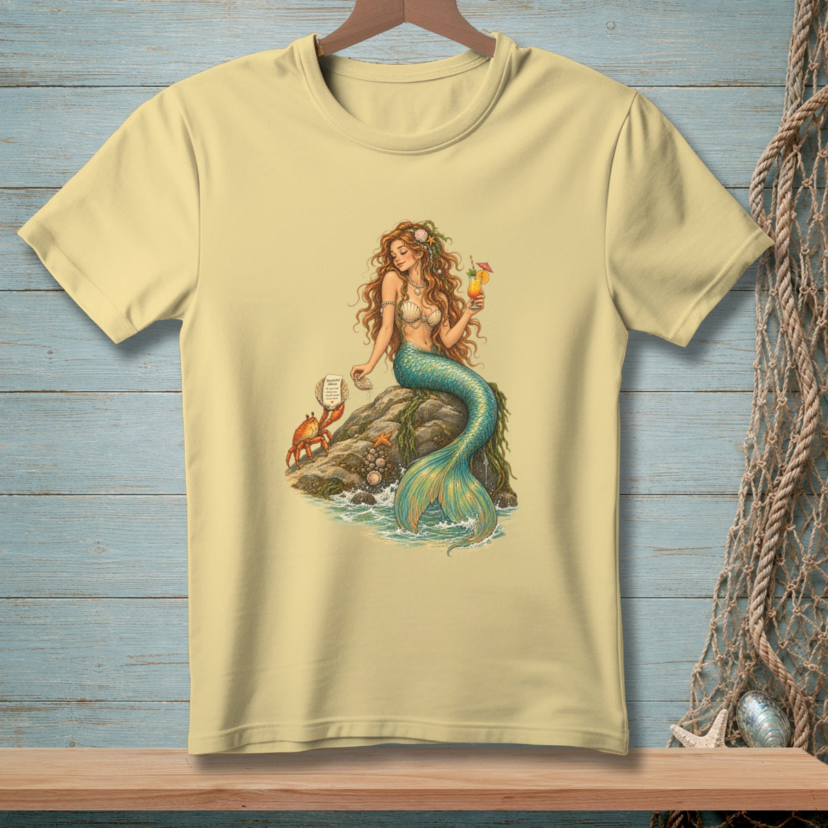 Light yellow t-shirt with a mermaid holding a drink and a crab reading a message.