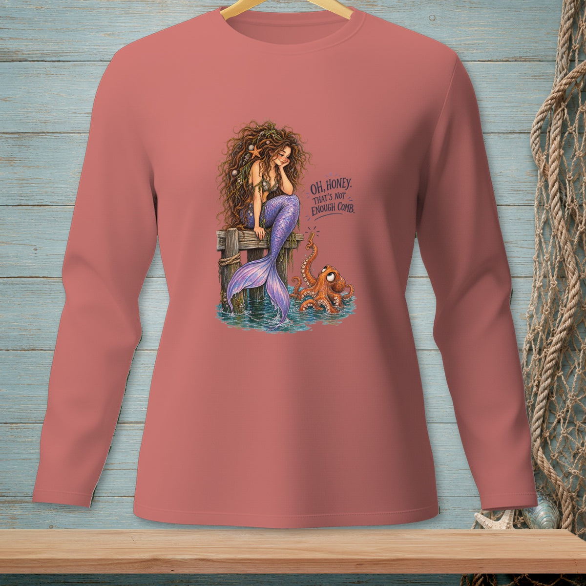 Mermaid and octopus illustration with text "OH, HONEY, THAT'S NOT ENOUGH COMB."