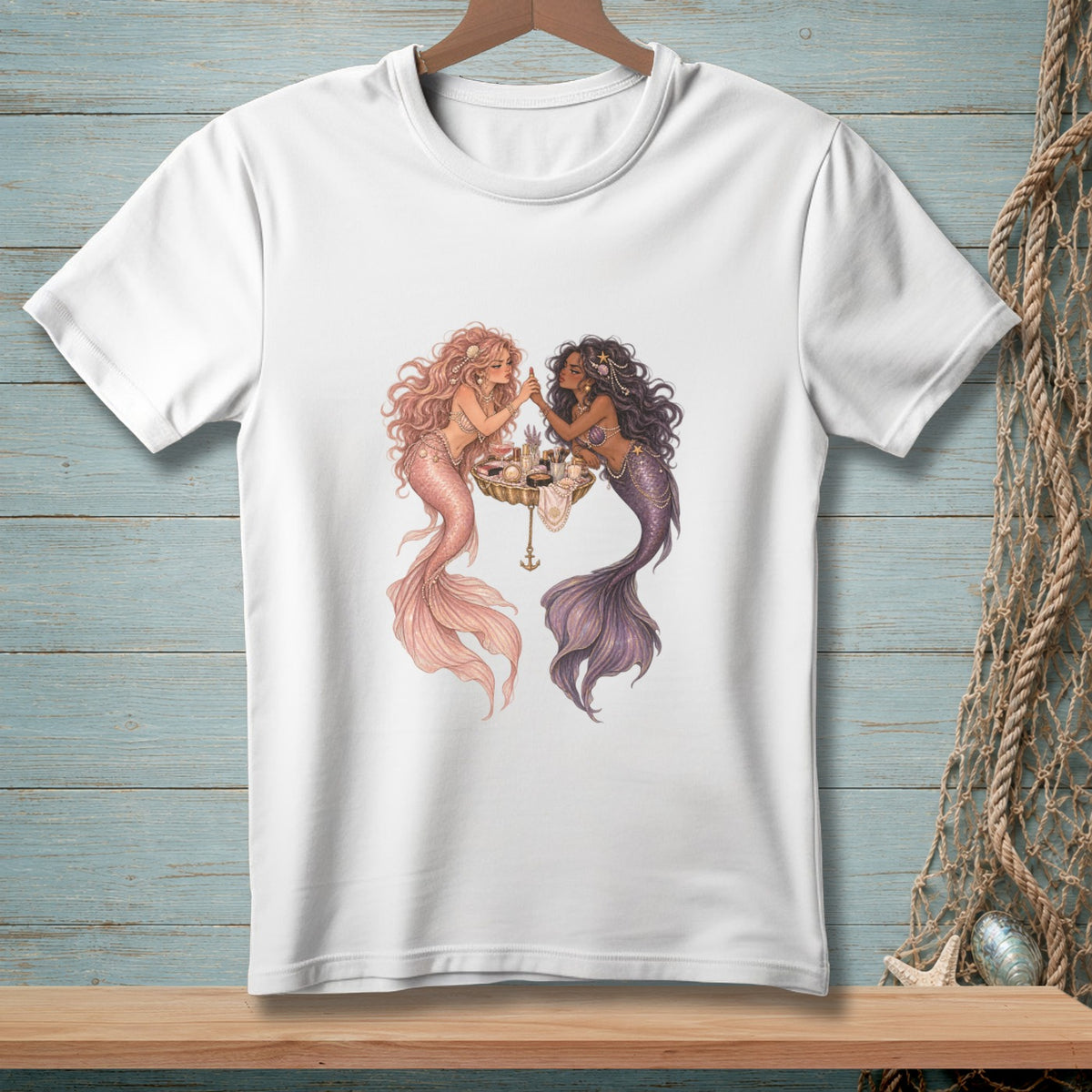 White t-shirt with a graphic of two mermaids applying makeup on a golden tray.