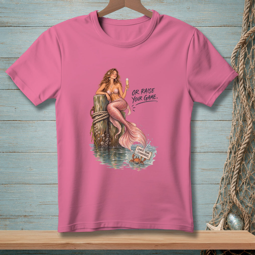 Mermaid on post with champagne; text: "OR RAISE YOUR GAME." Crab with sign.