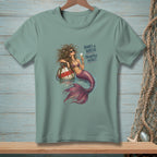 Mermaid with sunglasses and drink on buoy, text: Hair's a wreck. Priorities intact.