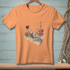 Mermaid and octopus sharing cocktails on a rock in shallow water.