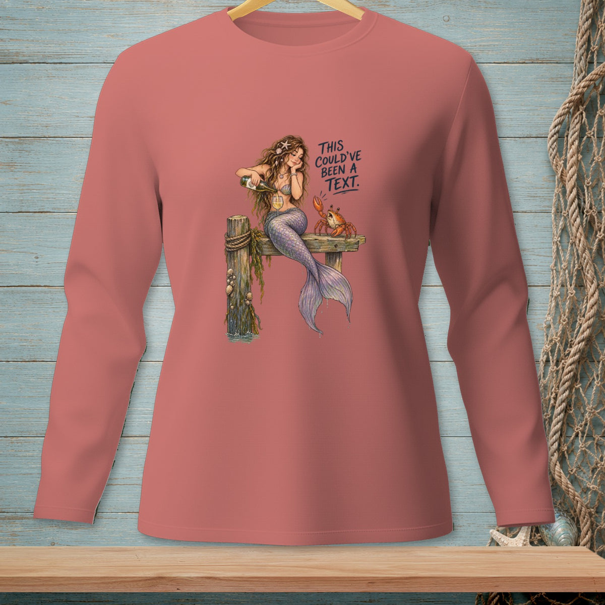 Mermaid pouring wine with a crab and text "This could've been a text."