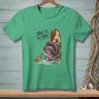 Green t-shirt with a mermaid, crab, and "Talk to the Tail" text.