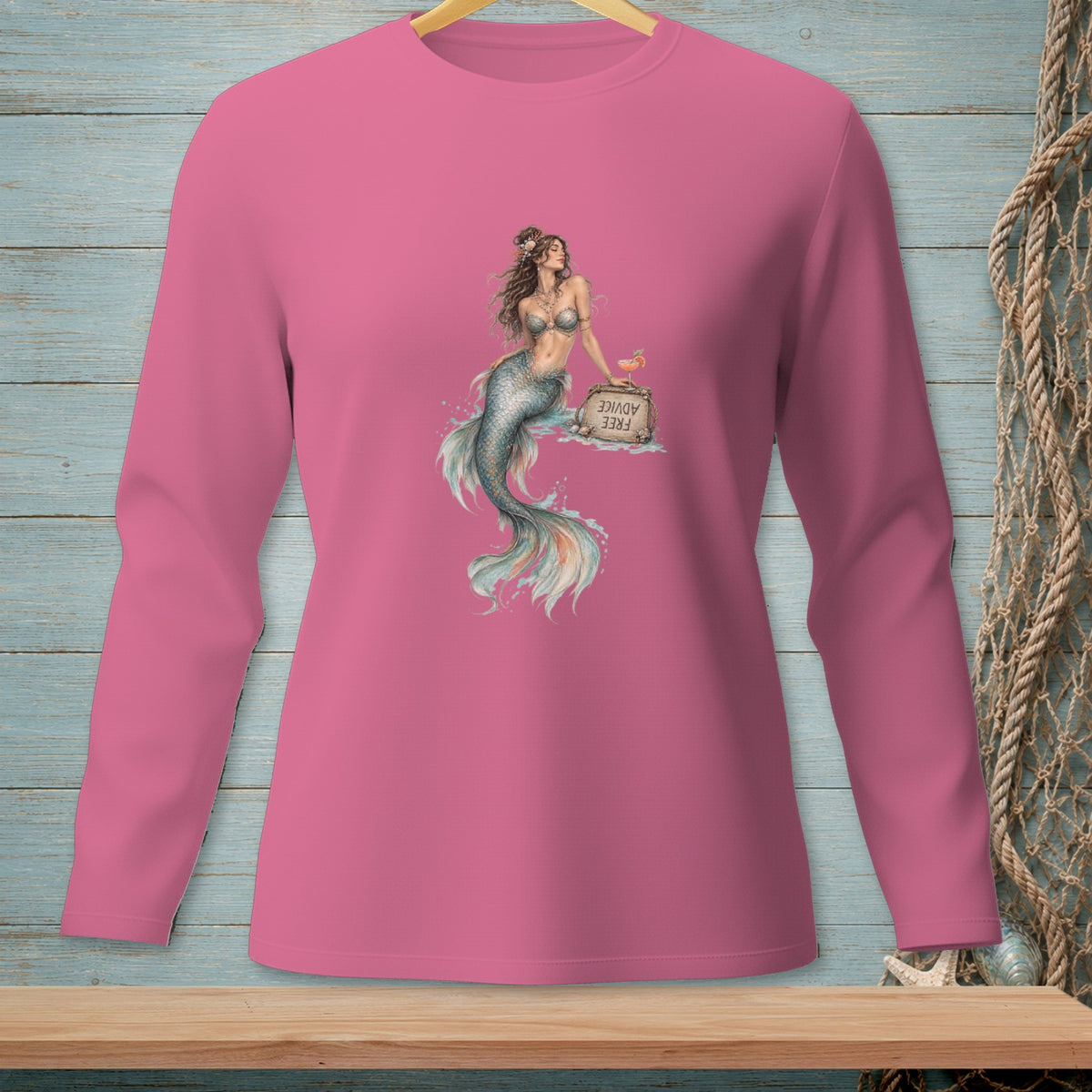 Pink long-sleeve shirt with a mermaid illustration holding a "Free Advice" sign.