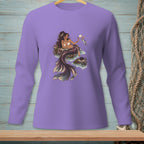 Purple long-sleeve shirt with a mermaid sitting on rocks, holding seashells and a fish.