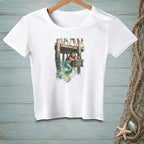 White t-shirt with a graphic of a mermaid on a dock, text reads "I'll stay down here."