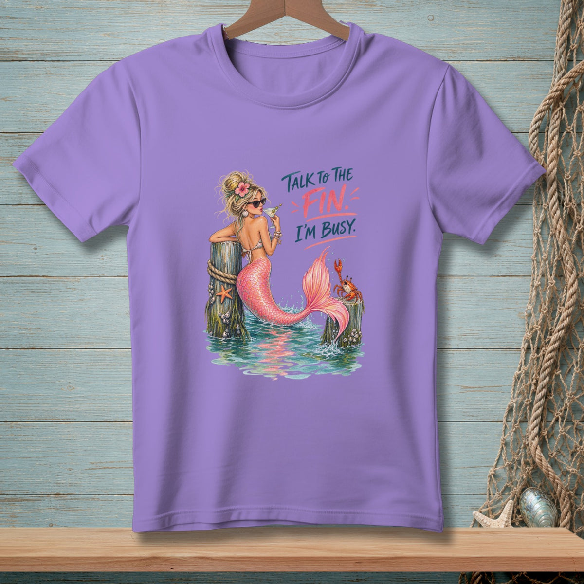 T-shirt with mermaid graphic and text "Talk to the Fin, I'm Busy."