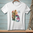 White t-shirt featuring a mermaid with a lobster and text that reads "SILENCE IS ALSO AN ANSWER."