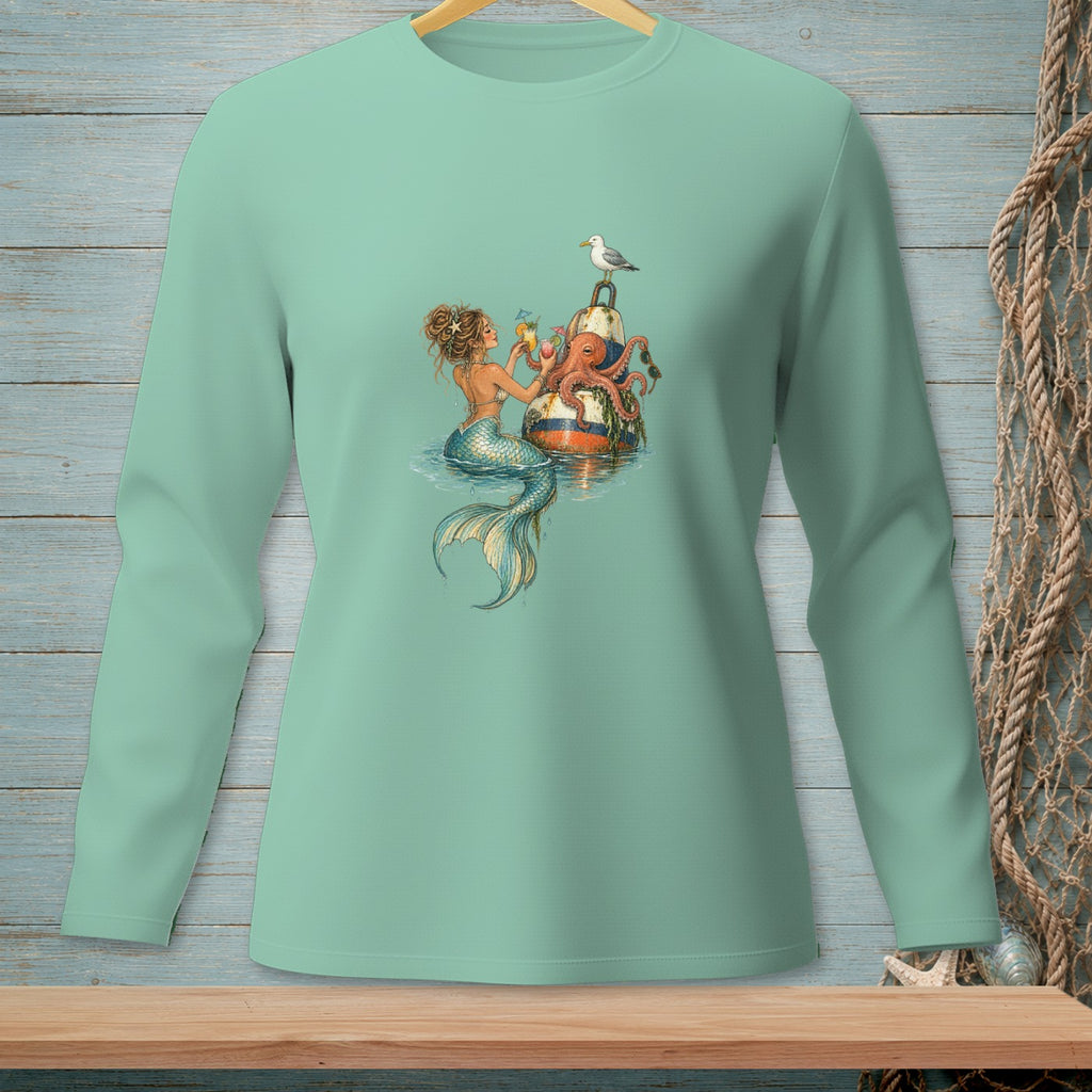 Mermaid with octopus and seagull on a buoy, holding cocktails.