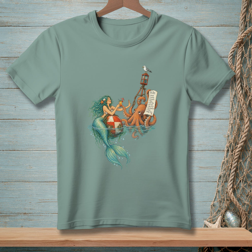 Mermaid and octopus with cocktails on a buoy, beside a "To Do" list.