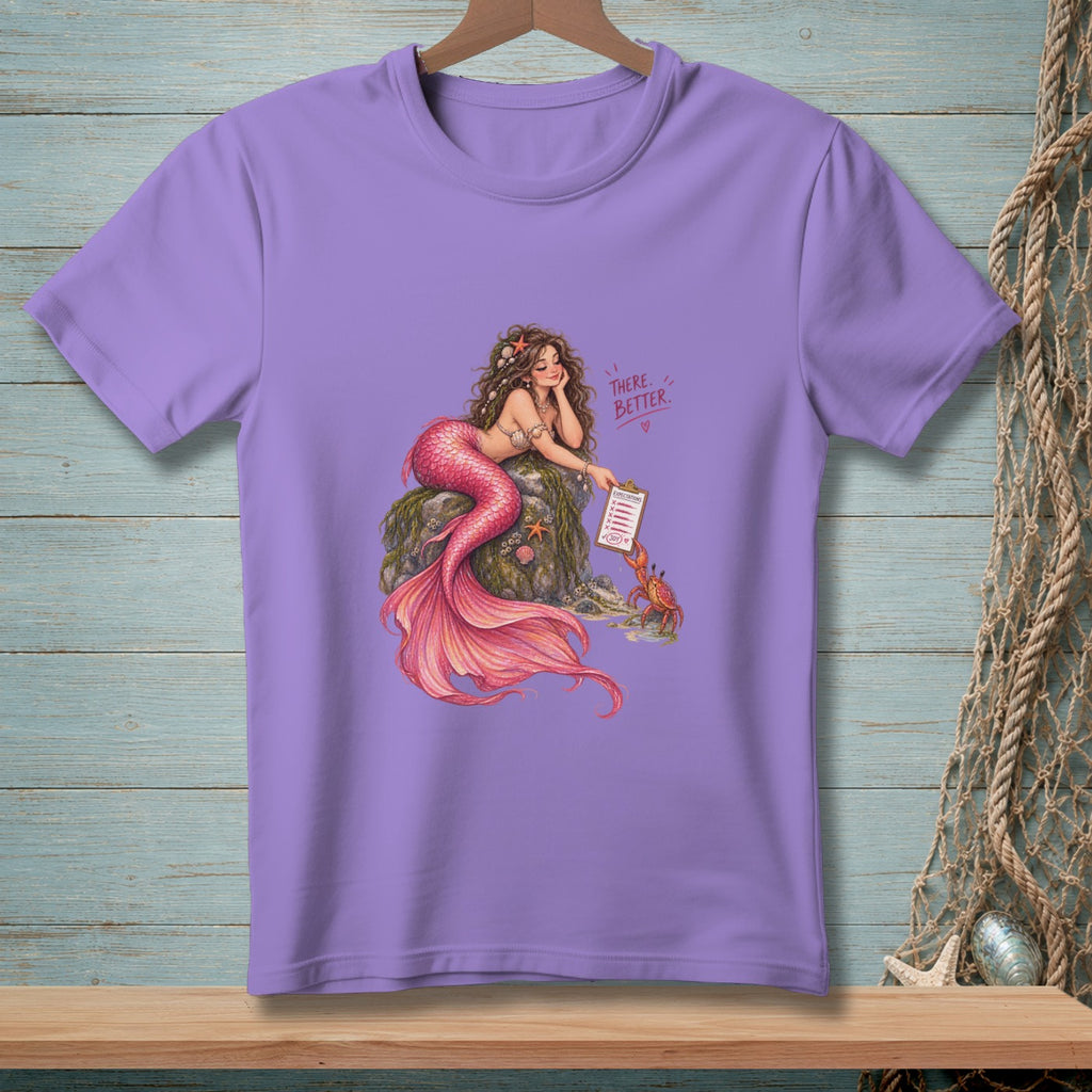 Mermaid with pink tail rests on a rock, holding a clipboard.