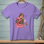 Mermaid with pink tail rests on a rock, holding a clipboard.