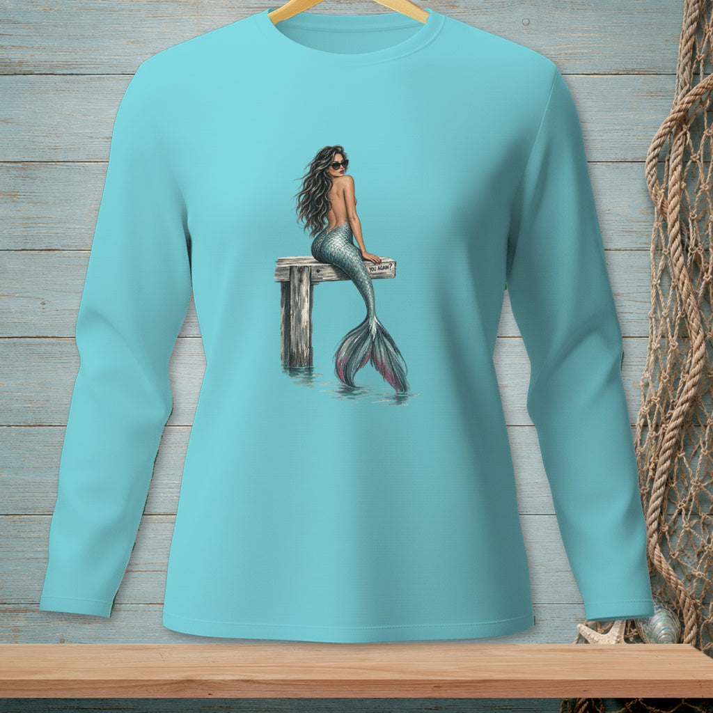 Mermaid with sunglasses sitting on a dock, text reads "YOU AGAIN?"