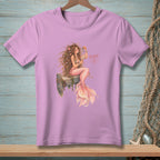 Pink t-shirt with a mermaid illustration and text "FIXED IT."