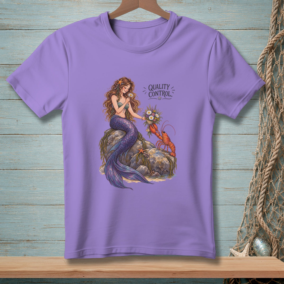 Mermaid and lobster with flowers on rocks, "Quality Control" text.