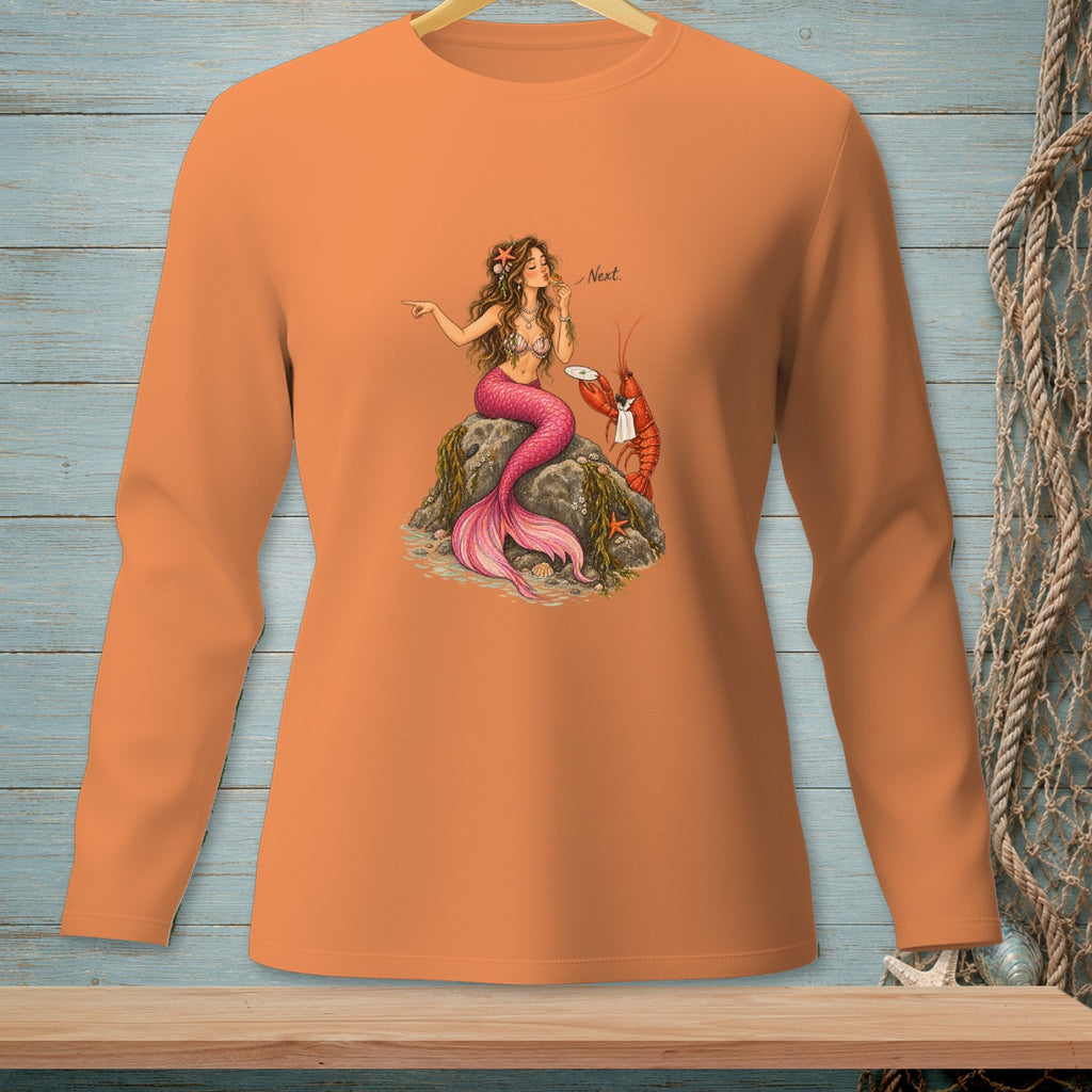Orange long-sleeve shirt with mermaid and lobster graphic saying "Next."