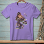 Purple t-shirt with a mermaid holding a seashell and a fish.