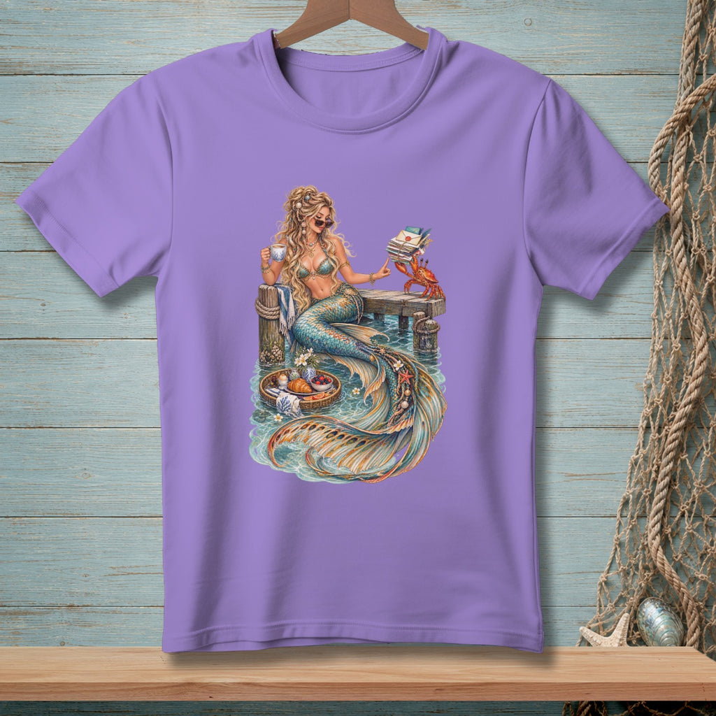 Mermaid with sunglasses and a coffee cup on a pier with a crab.