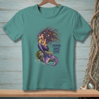 Mermaid with purple hair sitting on a rock drinking coffee, text reads "Mermaid Hair Day".