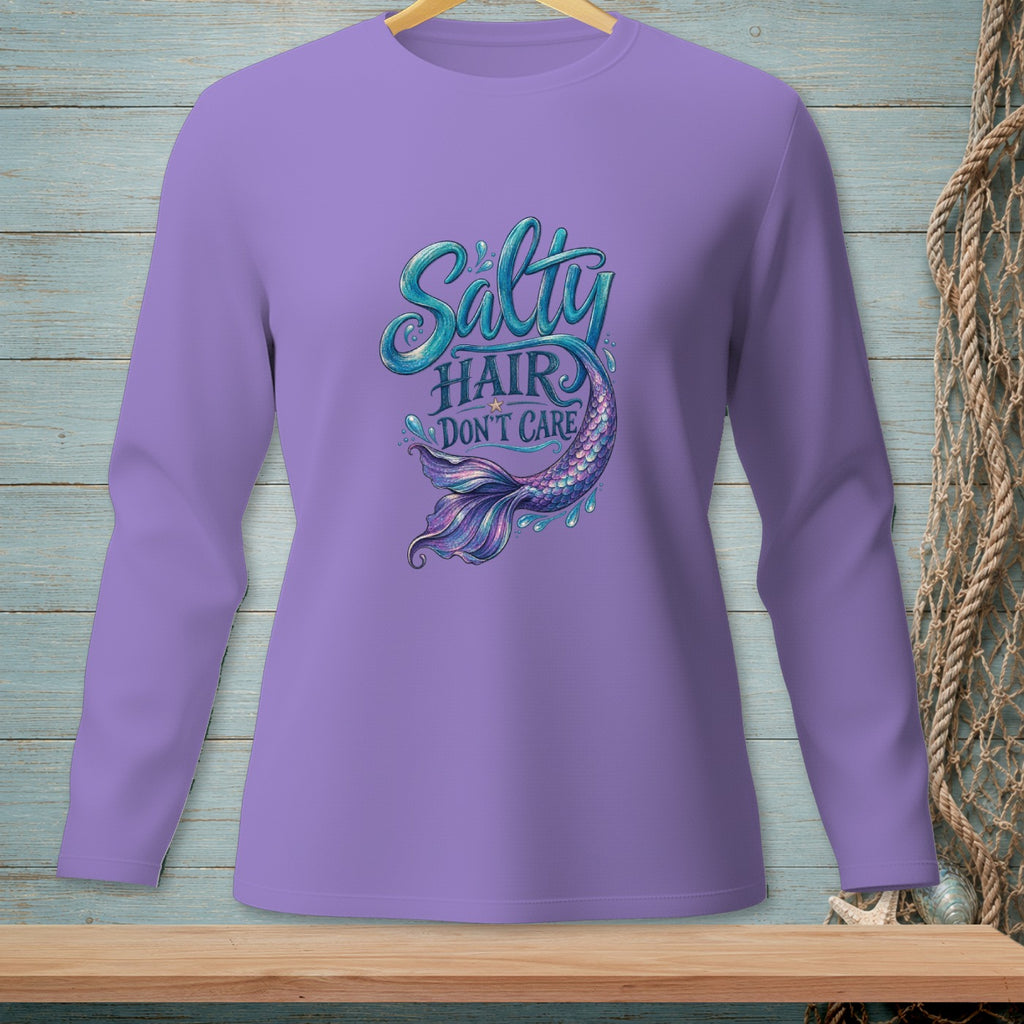 Purple long-sleeved shirt with "Salty Hair Don't Care" and a mermaid tail graphic.