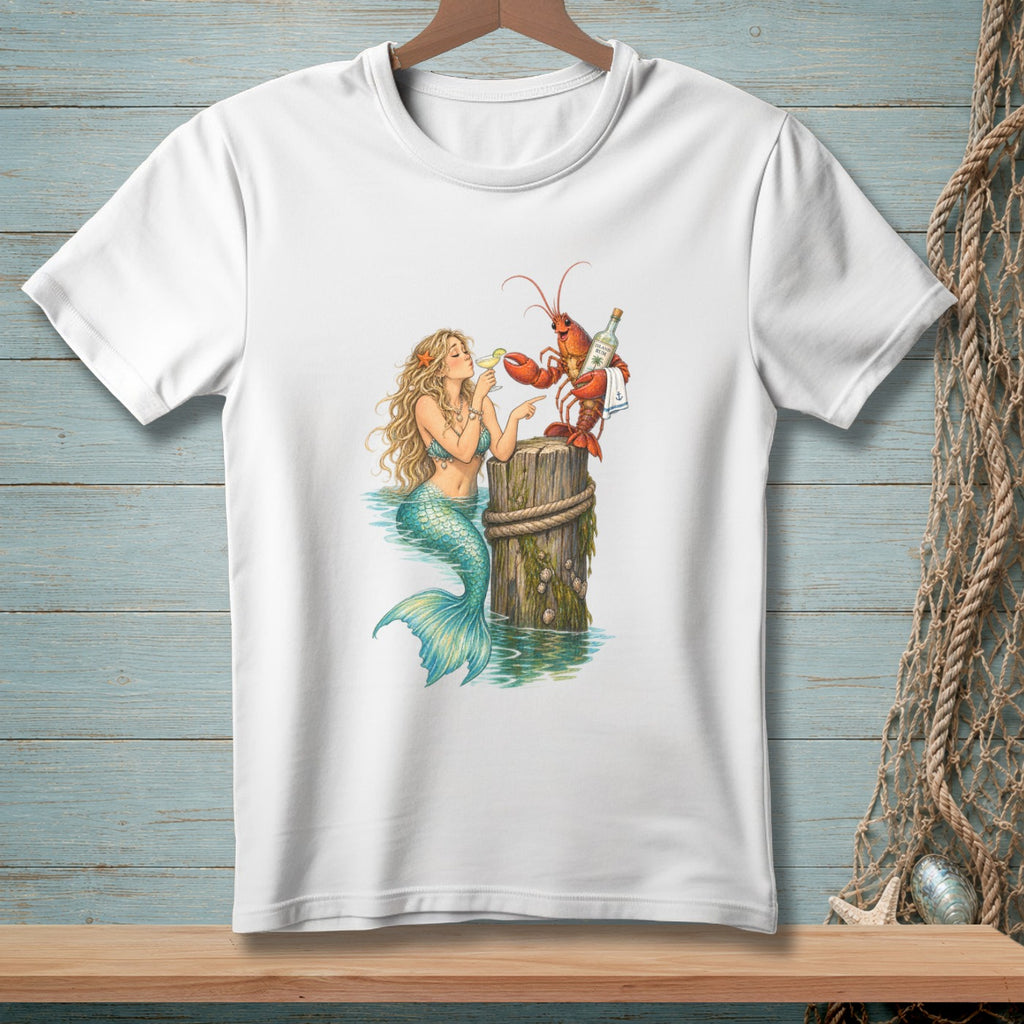 Mermaid and lobster sharing drinks by a wooden post in the water.