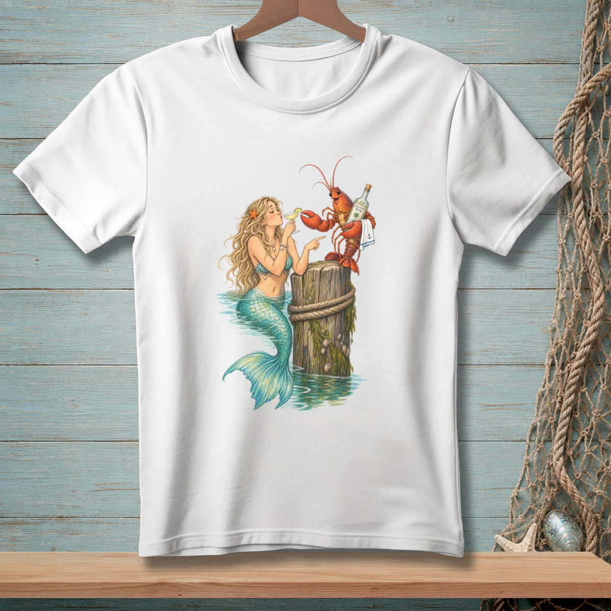 Mermaid and lobster sharing drinks by a wooden post in the water.