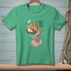 Mermaid with seagull and drink, with text "KNOW YOUR LANE" on a teal t-shirt.