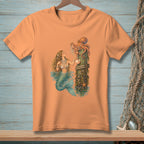 Orange t-shirt with mermaid and octopus art.
