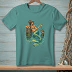 Mermaid with a drink and a crab on a wooden pier.