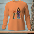 Orange long-sleeve shirt with a mermaid and lobster on a pier graphic.