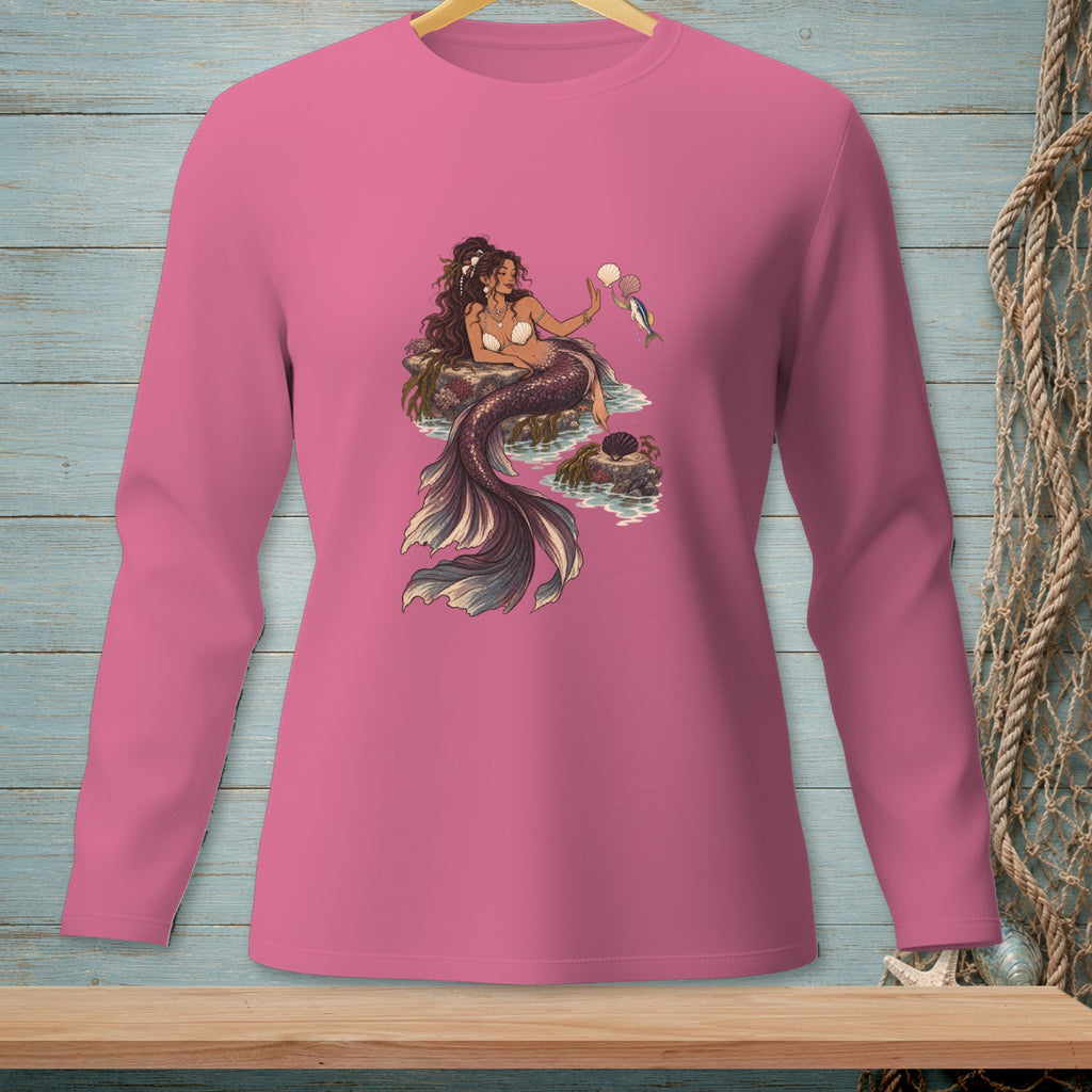 Pink long sleeve shirt with a mermaid and fish illustration.