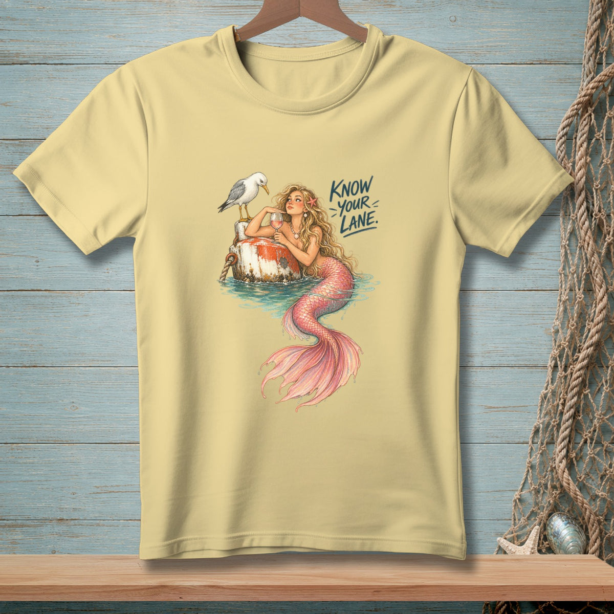 Light yellow t-shirt with a mermaid, seagull, and "Know Your Lane" text.