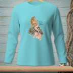 Turquoise long sleeve shirt with a mermaid on a rock holding champagne, text reads "Sharing Wasn't Mentioned."