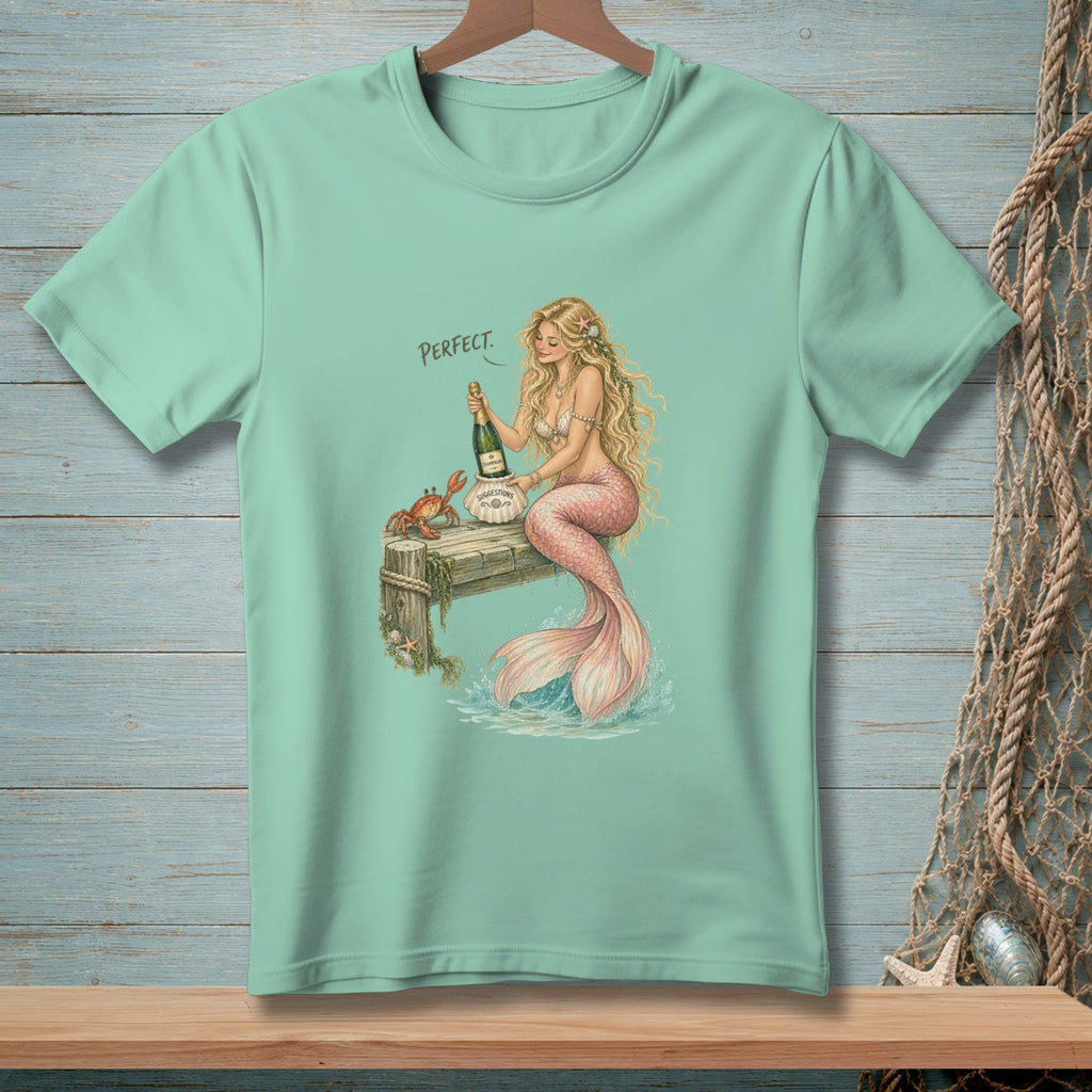 Mermaid with champagne and crab on a dock, saying "PERFECT."