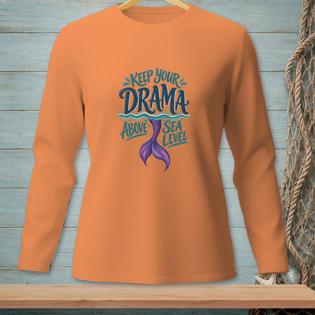 Orange long-sleeved shirt with "Keep your drama above sea level" text and mermaid tail graphic.
