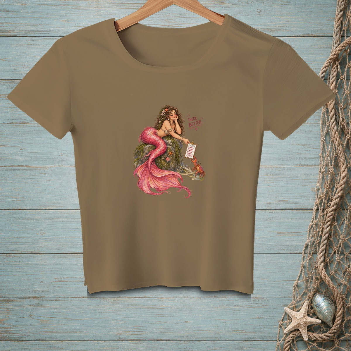 A mermaid and crab on a rock, with text "THERE. BETTER."