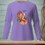 Purple long-sleeve shirt with mermaid and seagull graphic reading "ARE YOU FINISHED?"
