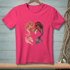 Two mermaids with makeup and accessories gathered around a seashell vanity.